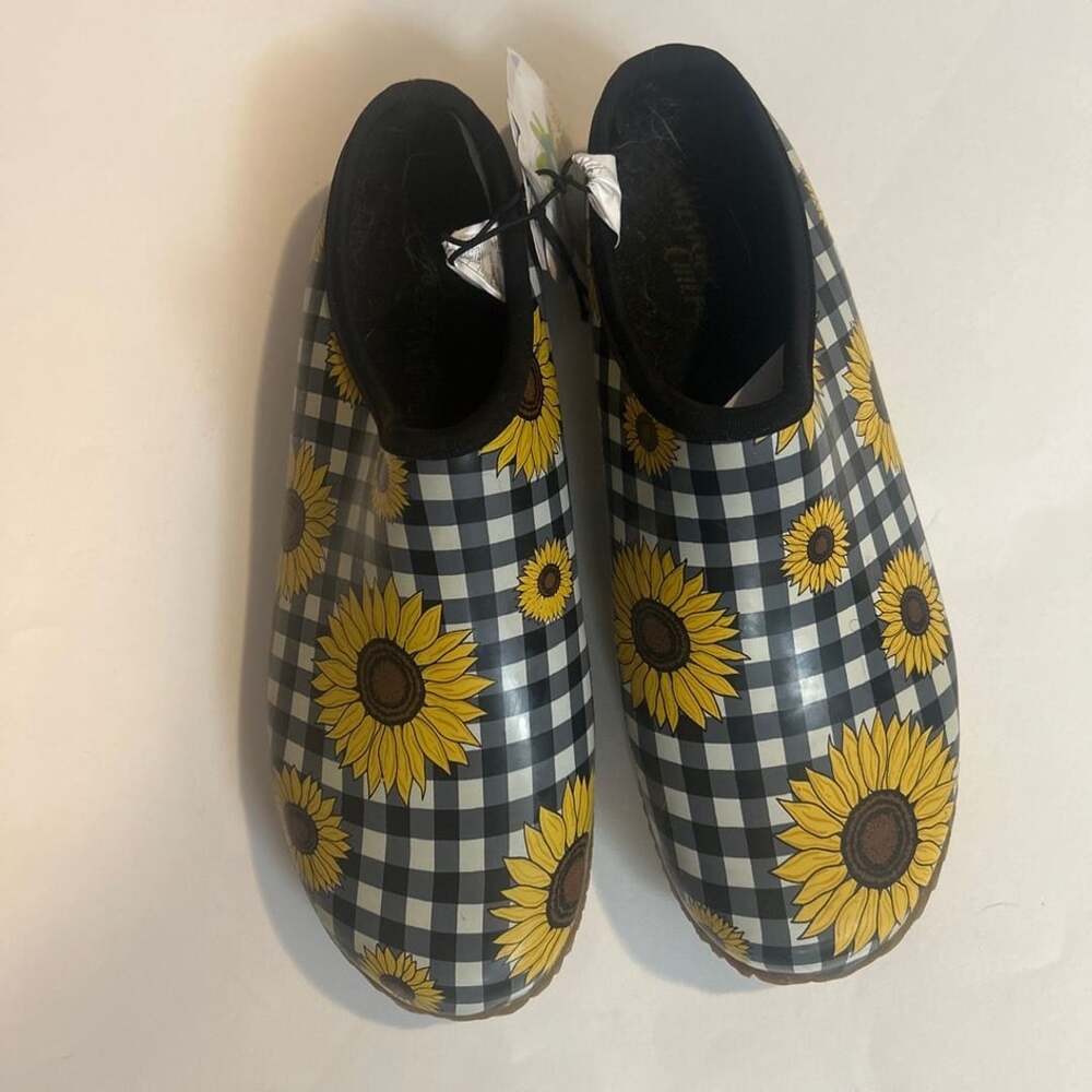 Western Chief Sunny Flowers Clog Size 10 Black Gingham Sunflower
